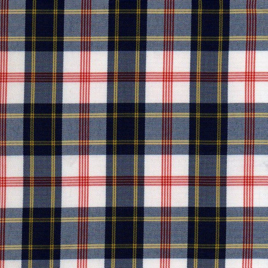 Tela escocesa de poliéster SchoolLine, cuadros azul/blanco/rojo, ideal para uniformes escolares e institucionales.