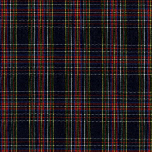 Tela escocesa de poliéster SchoolLine, tartán azul marino con rayas verde, rojo y amarillo; ideal para uniformes escolares.