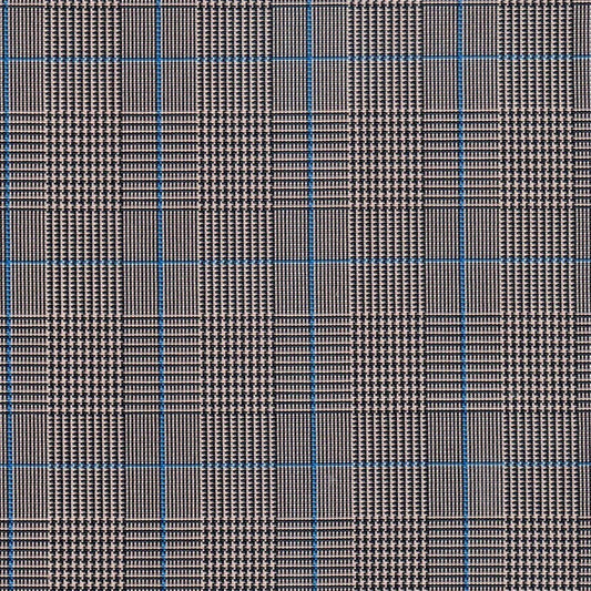 Tela escocesa de poliéster SchoolLine en beige con cuadros negros y líneas azules, ideal para uniformes escolares.