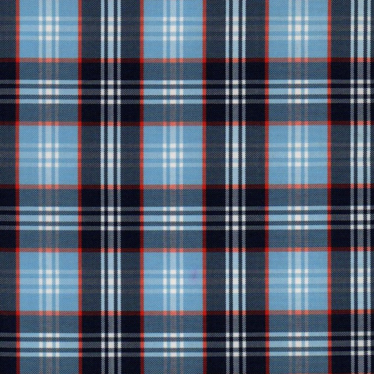 Tela escocesa de poliéster SchoolLine, tartán azul claro y azul marino con rojos, ideal para uniformes escolares.