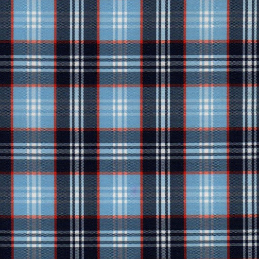 Tela escocesa de poliéster SchoolLine, tartán azul claro y azul marino con rojos, ideal para uniformes escolares.