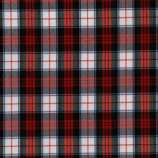 Tela escocesa de poliéster SchoolLine en tartán rojo/negro/blanco; ideal para uniformes escolares e institucionales.