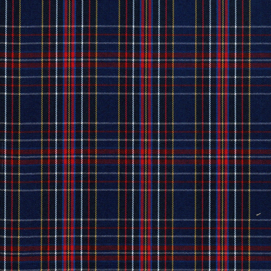 Tela escocesa de poliéster SchoolLine en tartán azul con líneas rojas, blancas y mostaza; ideal para uniformes escolares.
