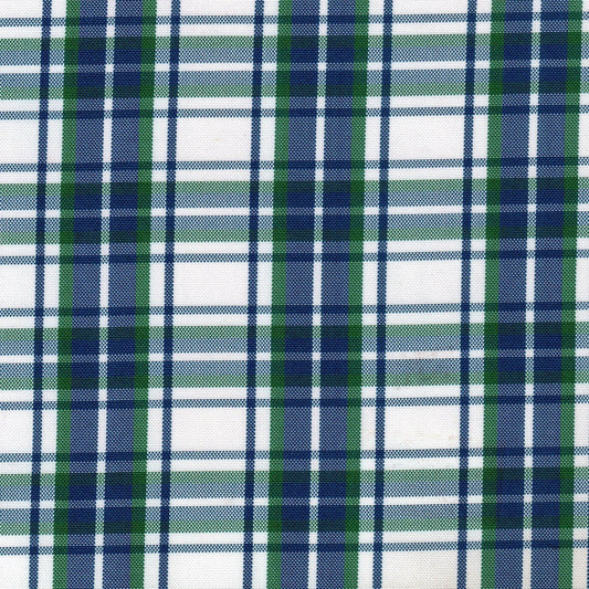 Tela escocesa de poliéster SchoolLine, diseño a cuadros azul, verde y blanco, ideal para uniformes escolares e institucionales.
