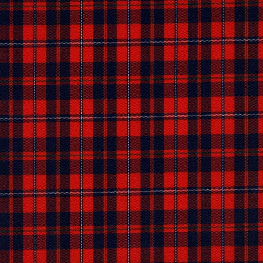 Tela escocesa de poliéster SchoolLine en rojo y azul marino a cuadros, perfecta para uniformes escolares e institucionales.