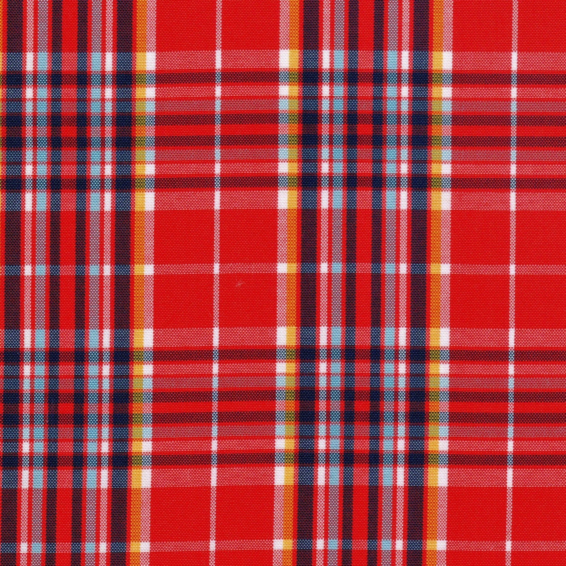 Tela escocesa de poliéster SchoolLine en rojo dominante con acentos multicolor, ideal para uniformes escolares e institucionales
