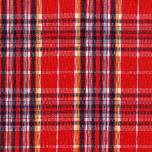 Tela escocesa de poliéster SchoolLine en rojo dominante con acentos multicolor, ideal para uniformes escolares e institucionales
