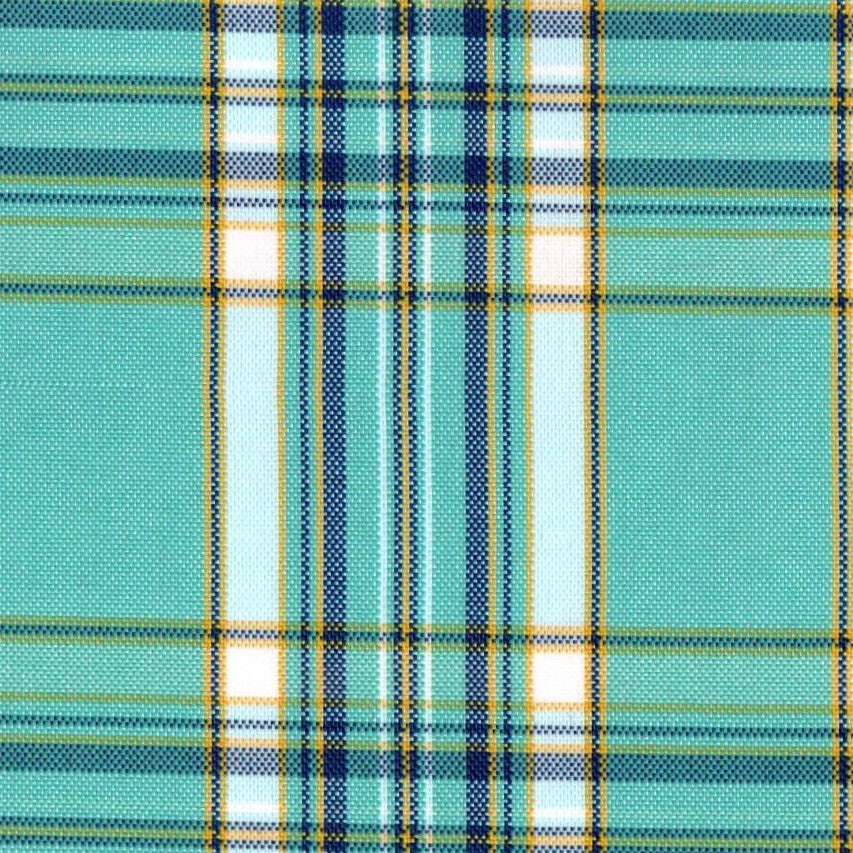 Tela escocesa de poliéster turquesa y azul marino con rayas blancas y amarillas; ideal para uniformes escolares SchoolLine.