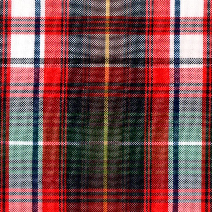 Tela escocesa de poliéster SchoolLine, tartán rojo-verde con negro y amarillo, ideal para uniformes escolares e institucionales.