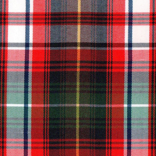 Tela escocesa de poliéster SchoolLine, tartán rojo-verde con negro y amarillo, ideal para uniformes escolares e institucionales.