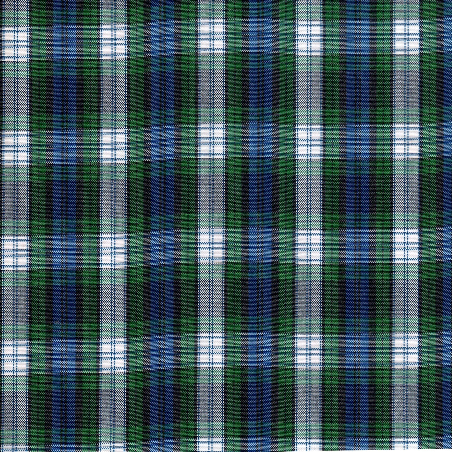 Tela escocesa de poliéster SchoolLine, plaid verde, azul y blanco, ideal para uniformes escolares e institucionales.