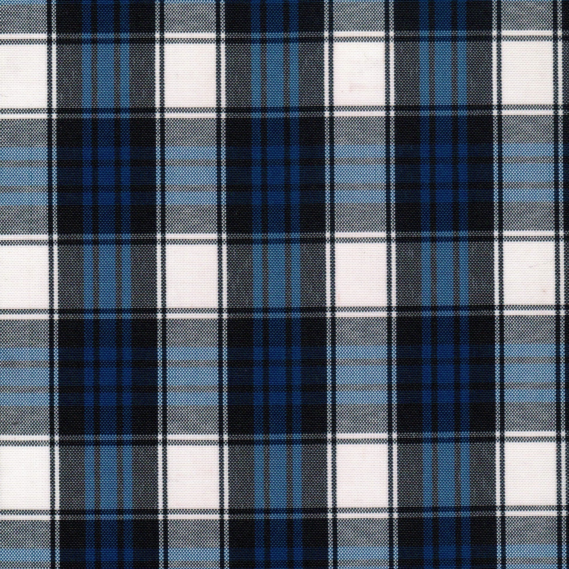 Tela escocesa de poliéster SchoolLine en azul, negro y blanco a cuadros, ideal para uniformes escolares e institucionales.