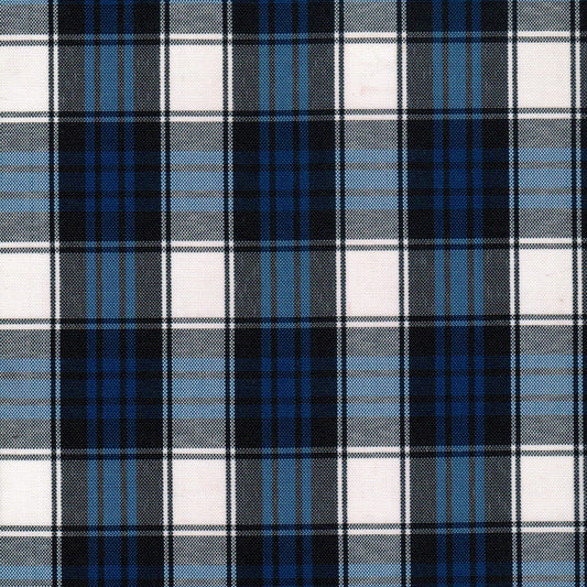 Tela escocesa de poliéster SchoolLine en azul, negro y blanco a cuadros, ideal para uniformes escolares e institucionales.