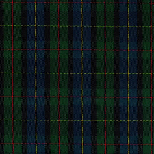 Tela escocesa de poliéster SchoolLine verde, azul y negro, con líneas rojas y amarillas; ideal para uniformes escolares e institucionales