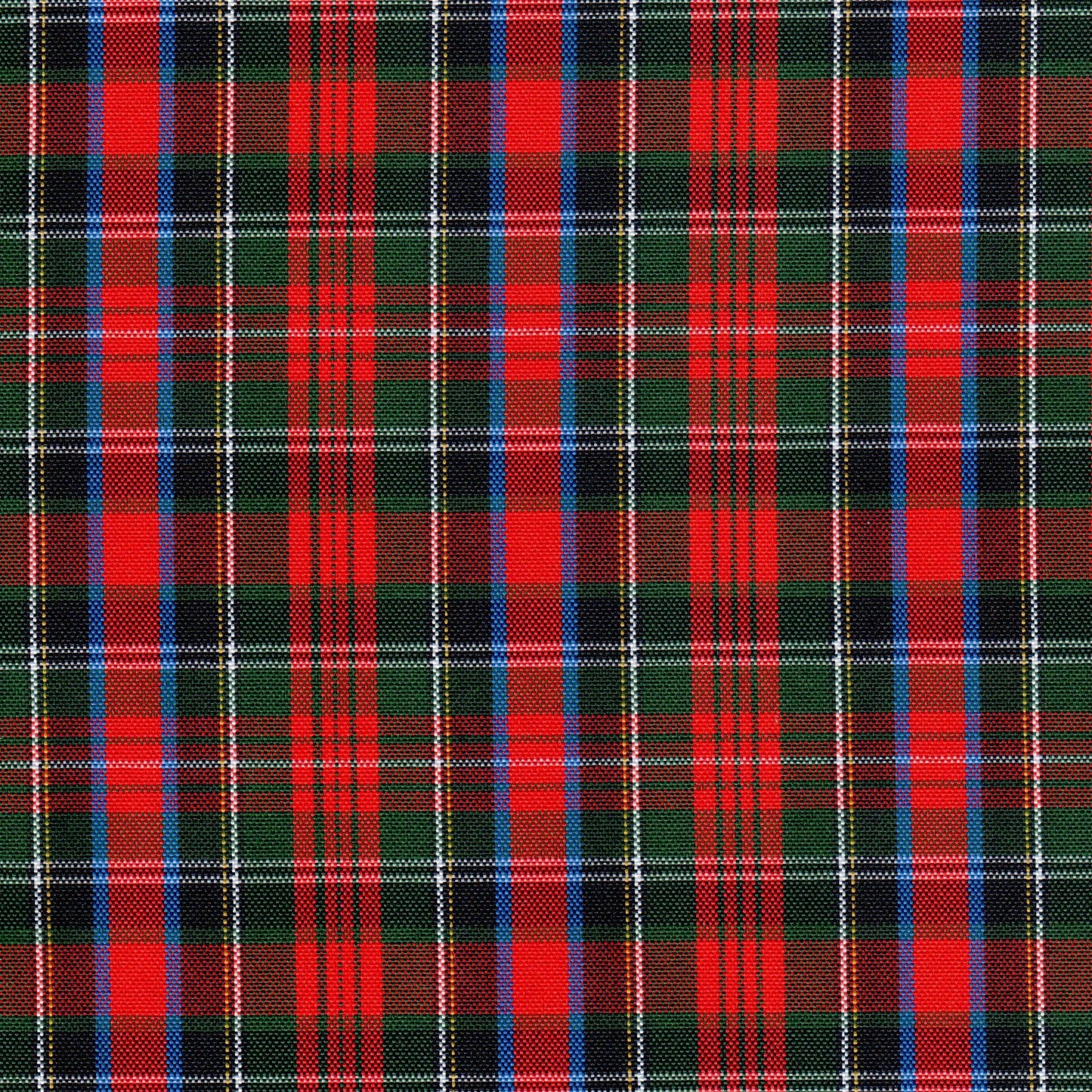Tela escocesa de poliéster SchoolLine en tartán rojo y verde con líneas azules y negras, ideal para uniformes escolares e institucionales.