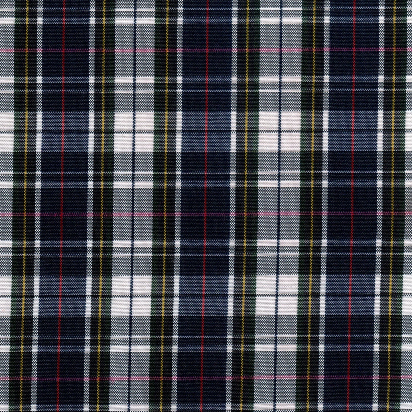 Tela escocesa de poliéster SchoolLine en tartán azul marino y blanco con toques rojos, ideal para uniformes escolares e institucionales.