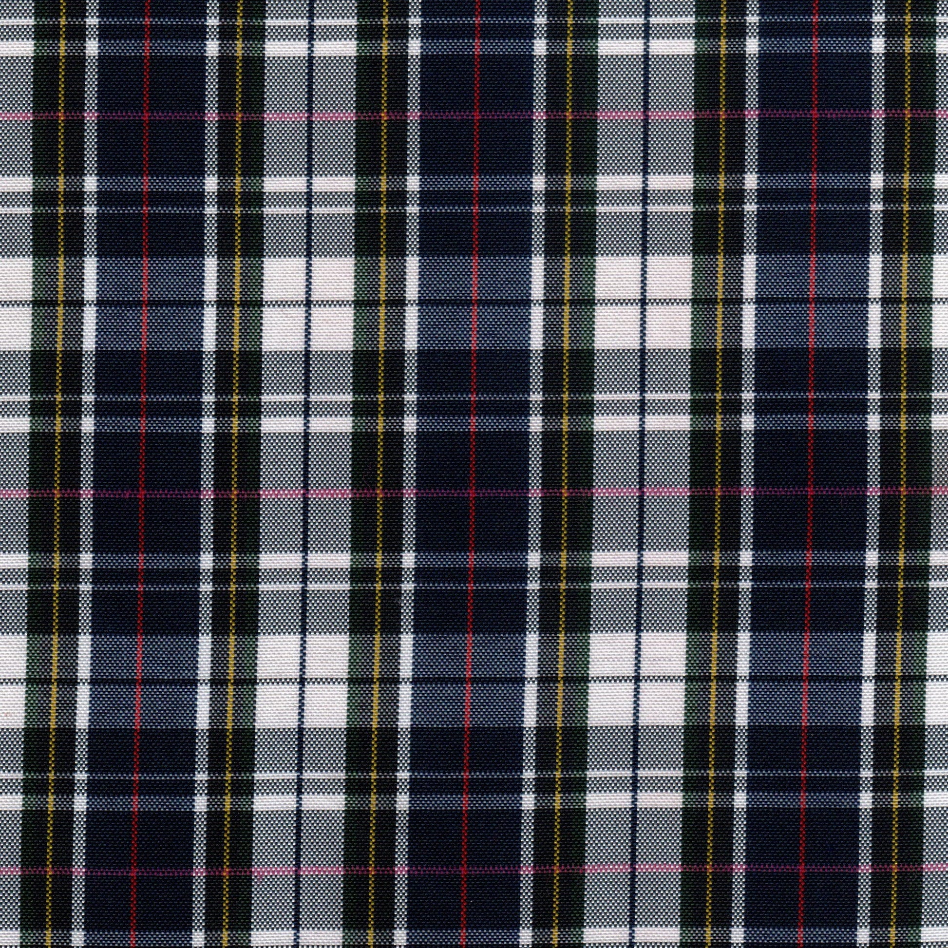 Tela escocesa de poliéster SchoolLine en tartán azul marino y blanco con toques rojos, ideal para uniformes escolares e institucionales.