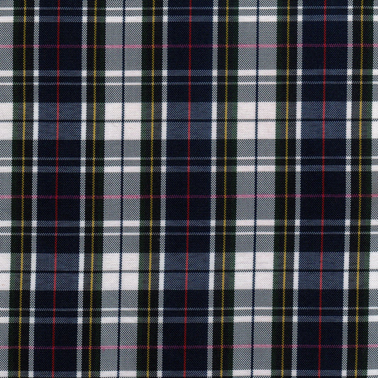 Tela escocesa de poliéster SchoolLine en tartán azul marino y blanco con toques rojos, ideal para uniformes escolares e institucionales.