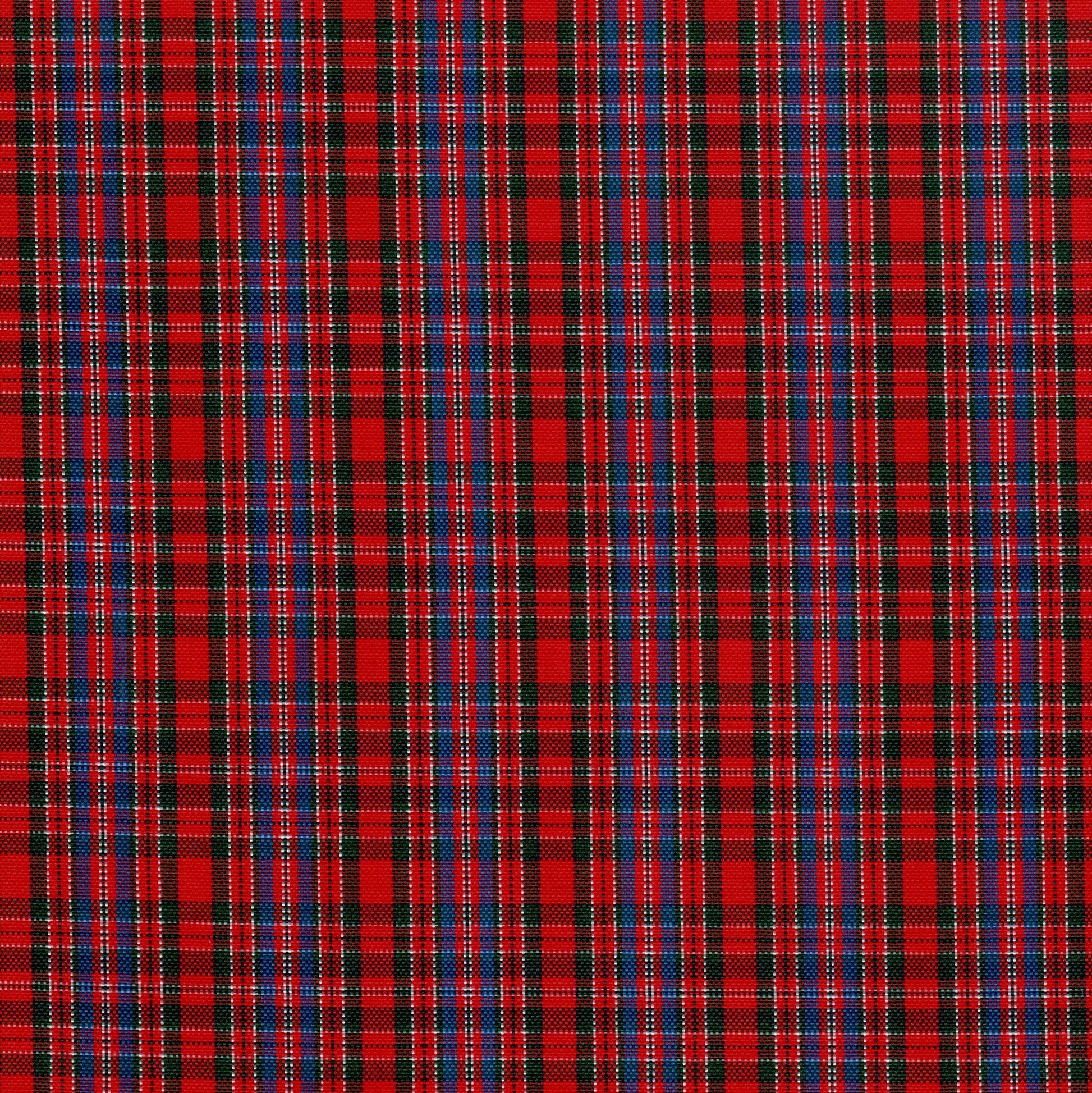 Tela escocesa de poliéster SchoolLine, tartán rojo con líneas azules y negras, ideal para uniformes escolares e institucionales.