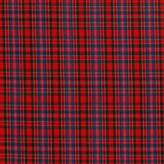Tela escocesa de poliéster SchoolLine, tartán rojo con líneas azules y negras, ideal para uniformes escolares e institucionales.