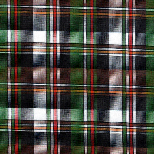 Tela escocesa de poliéster SchoolLine, tartán verde, negro y rojo, perfecta para uniformes escolares e institucionales.