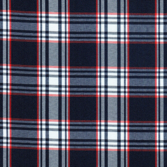 Tela Escocesa de Poliéster SchoolLine, tejido a cuadros azul marino, blanco y rojo; ideal para uniformes escolares e institucionales