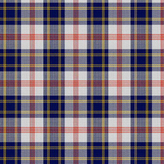 Tela escocesa de poliéster SchoolLine en tartán azul, blanco, rojo y amarillo; para uniformes escolares e institucionales.