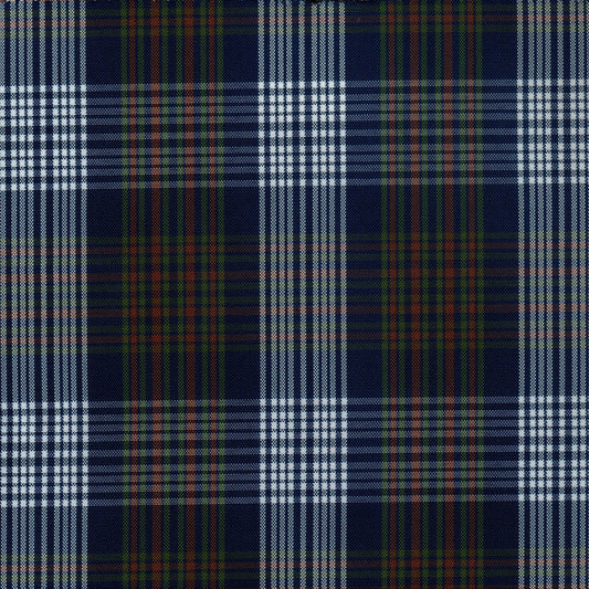 Tela escocesa de poliéster tartán azul marino con rayas blancas, verde y rojo; ideal para uniformes escolares e institucionales de SchoolLine.