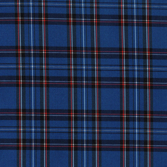Tela escocesa de poliéster azul con cuadros rojos y negros; ideal para uniformes escolares e institucionales SchoolLine.