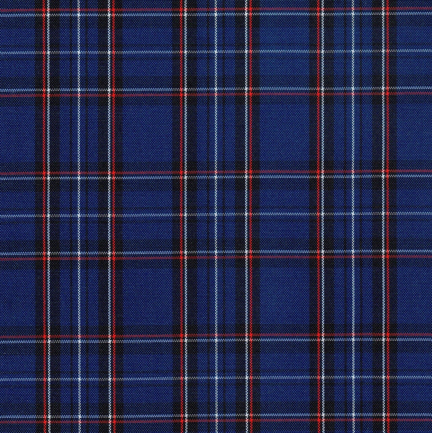Tela escocesa de poliéster azul con cuadros rojos y blancos; SchoolLine para uniformes escolares e institucionales.