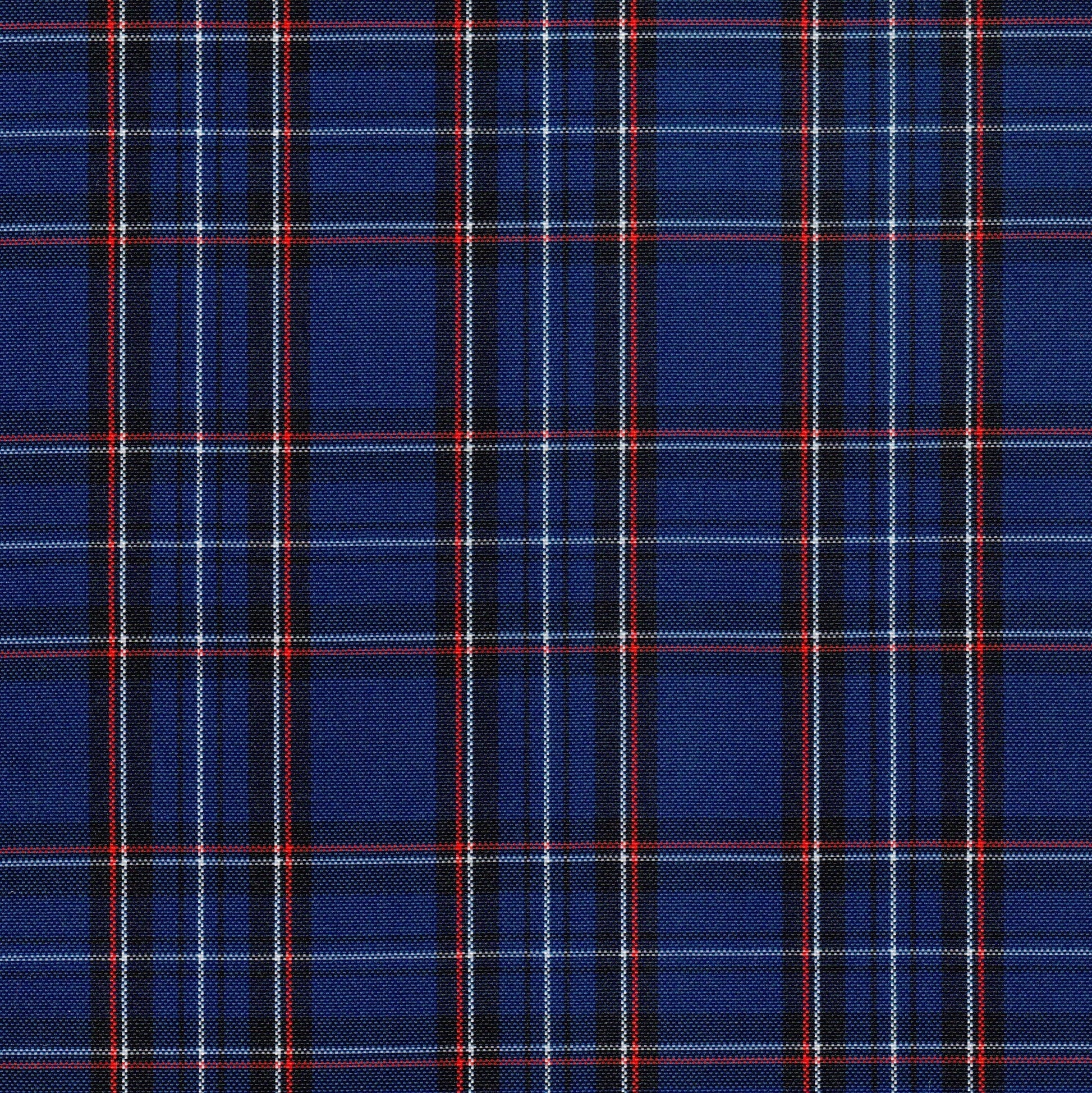 Tela escocesa de poliéster azul con cuadros rojos y blancos; SchoolLine para uniformes escolares e institucionales.