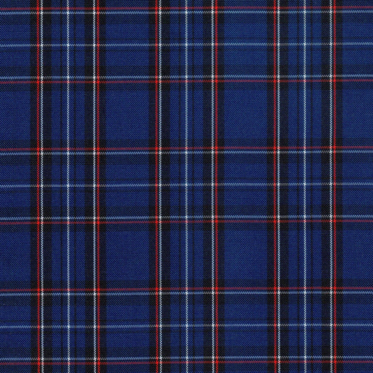 Tela escocesa de poliéster azul con cuadros rojos y blancos; SchoolLine para uniformes escolares e institucionales.