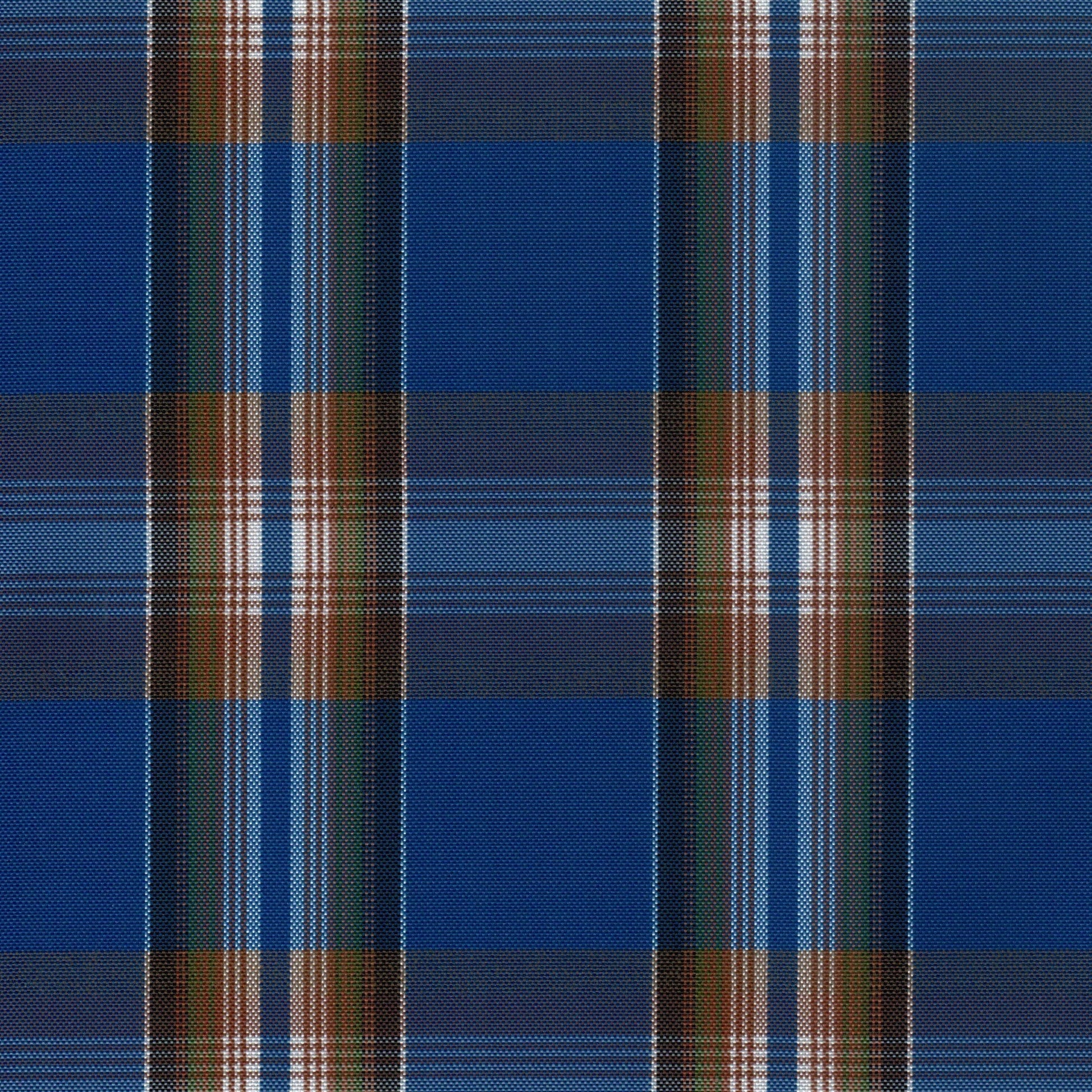 Tela escocesa de poliéster azul con cuadros marrón y verde; ideal para uniformes escolares, SchoolLine.