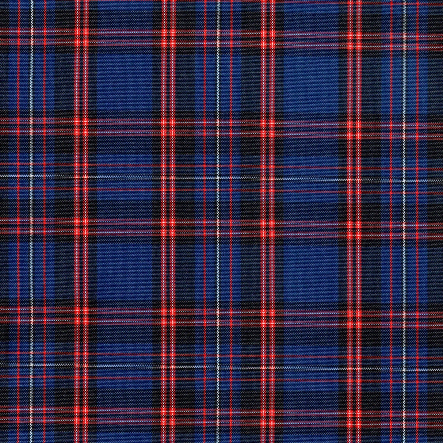 Tela escocesa de poliéster SchoolLine en azul marino con cuadros rojos, ideal para uniformes escolares e institucionales.