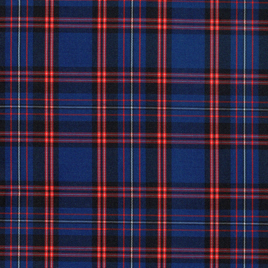 Tela escocesa de poliéster SchoolLine en azul marino con cuadros rojos, ideal para uniformes escolares e institucionales.