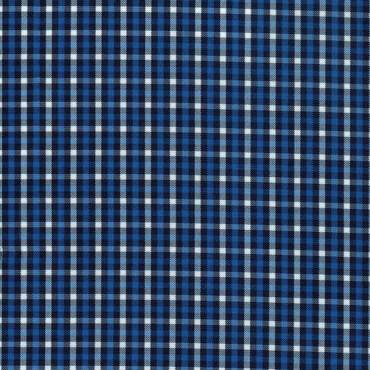 Tela escocesa de poliéster SchoolLine en azul marino, negro y blanco a cuadros; ideal para uniformes escolares.