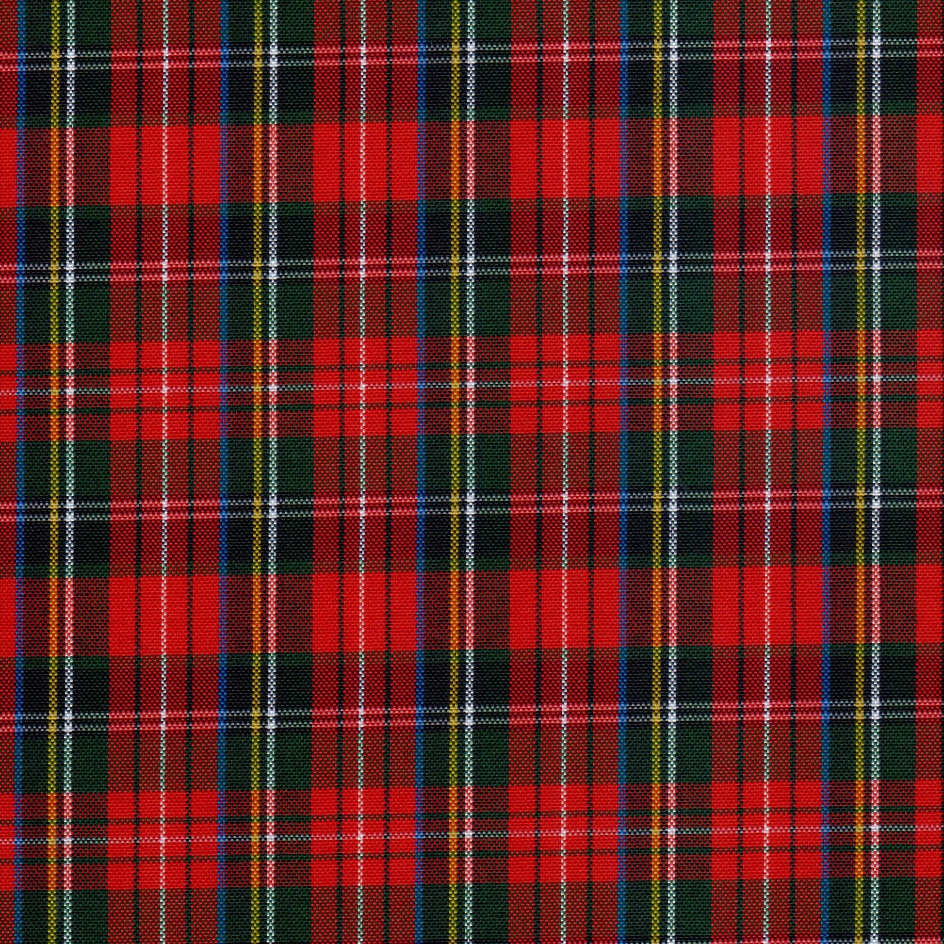 Tela escocesa de poliéster SchoolLine, tartán rojo, verde y azul; ideal para uniformes escolares e institucionales.