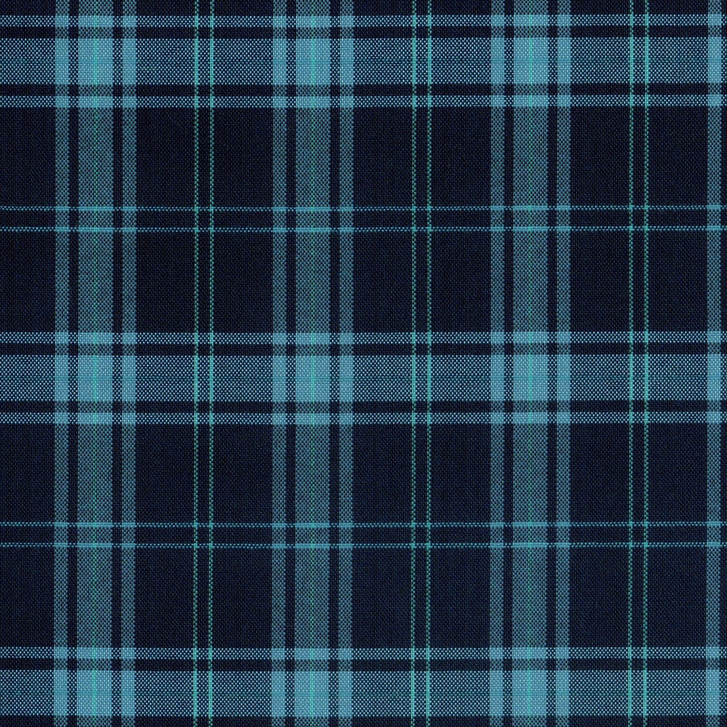 Tela escocesa de poliéster SchoolLine para uniformes escolares; tartán azul marino con rayas turquesa.