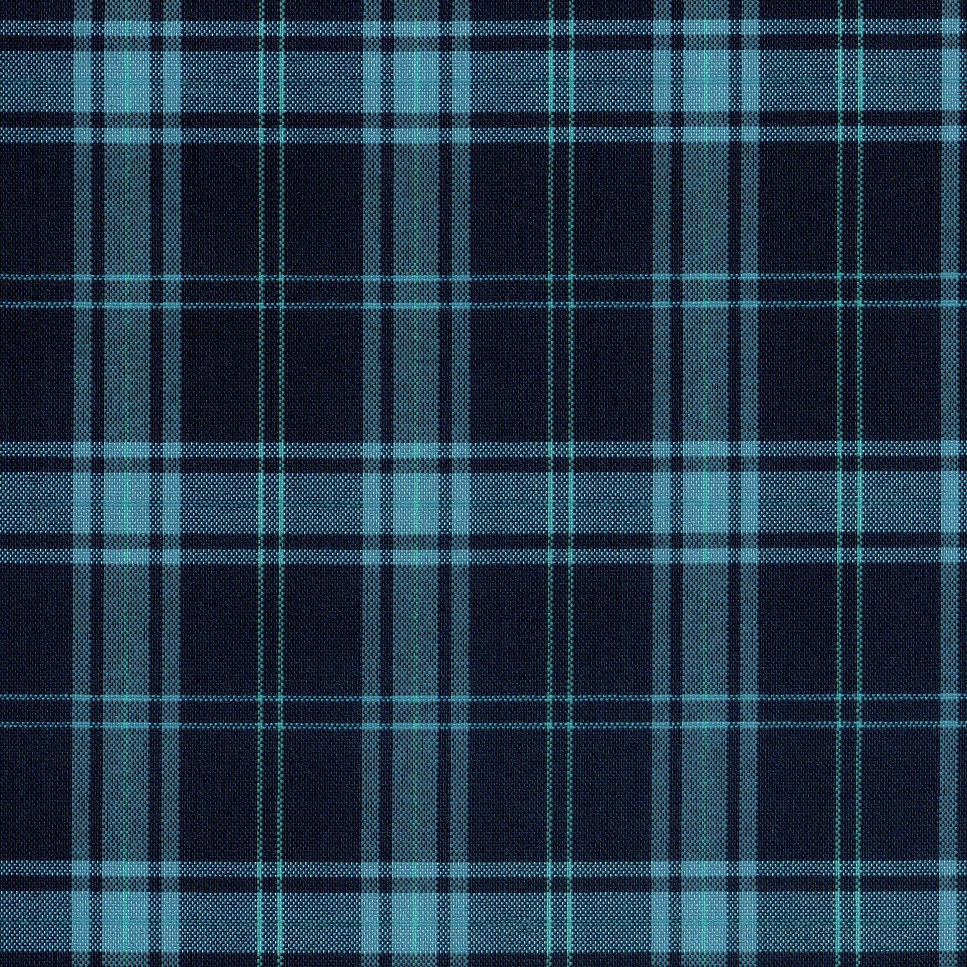 Tela escocesa de poliéster SchoolLine para uniformes escolares; tartán azul marino con rayas turquesa.