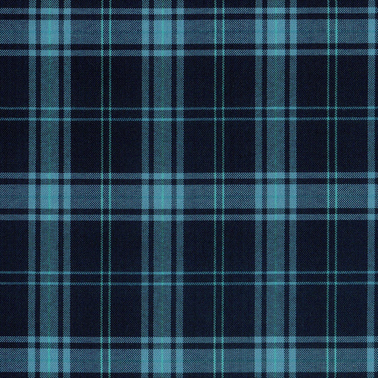 Tela escocesa de poliéster SchoolLine para uniformes escolares; tartán azul marino con rayas turquesa.