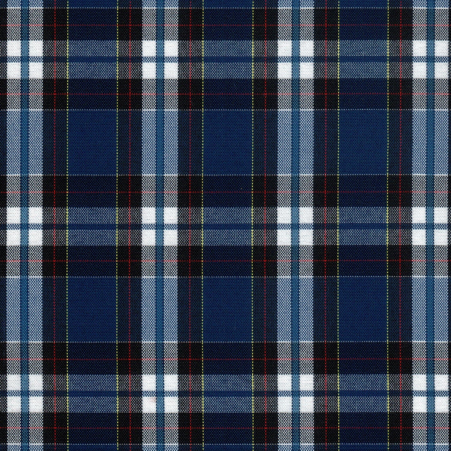 Tela escocesa de poliéster azul marino con cuadros blancos y negros y líneas amarillas; para uniformes escolares e institucionales.