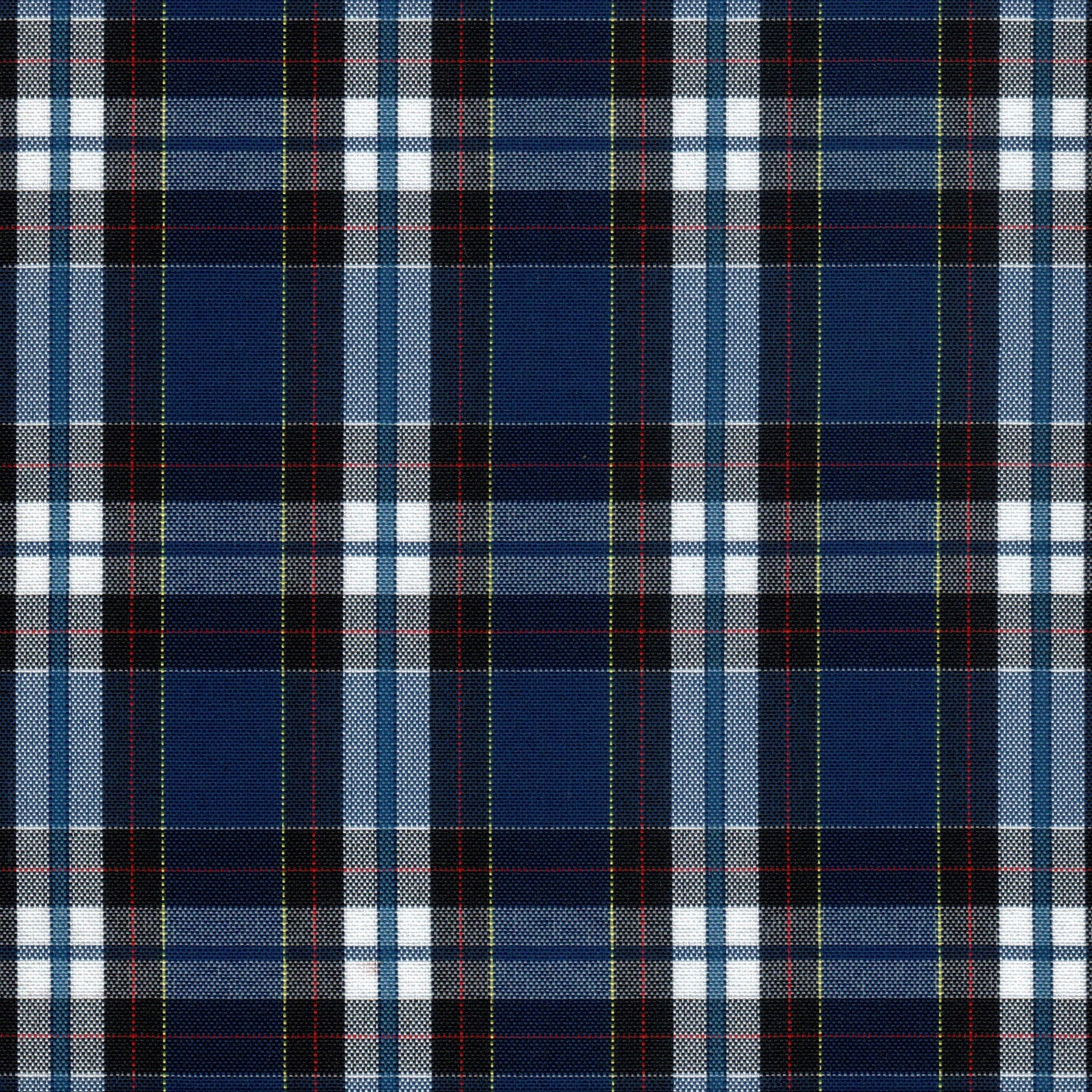 Tela escocesa de poliéster azul marino con cuadros blancos y negros y líneas amarillas; para uniformes escolares e institucionales.