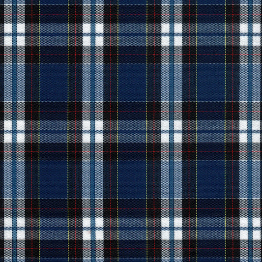 Tela escocesa de poliéster azul marino con cuadros blancos y negros y líneas amarillas; para uniformes escolares e institucionales.