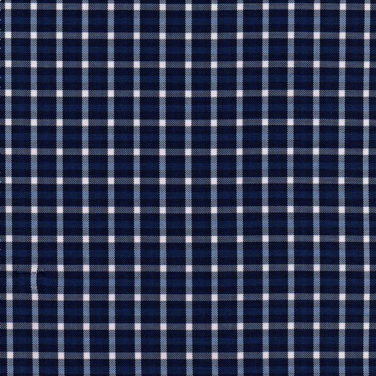 Tela escocesa de poliéster azul marino con cuadros blancos, ideal para uniformes escolares e institucionales SchoolLine.