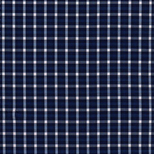 Tela escocesa de poliéster azul marino con cuadros blancos, ideal para uniformes escolares e institucionales SchoolLine.