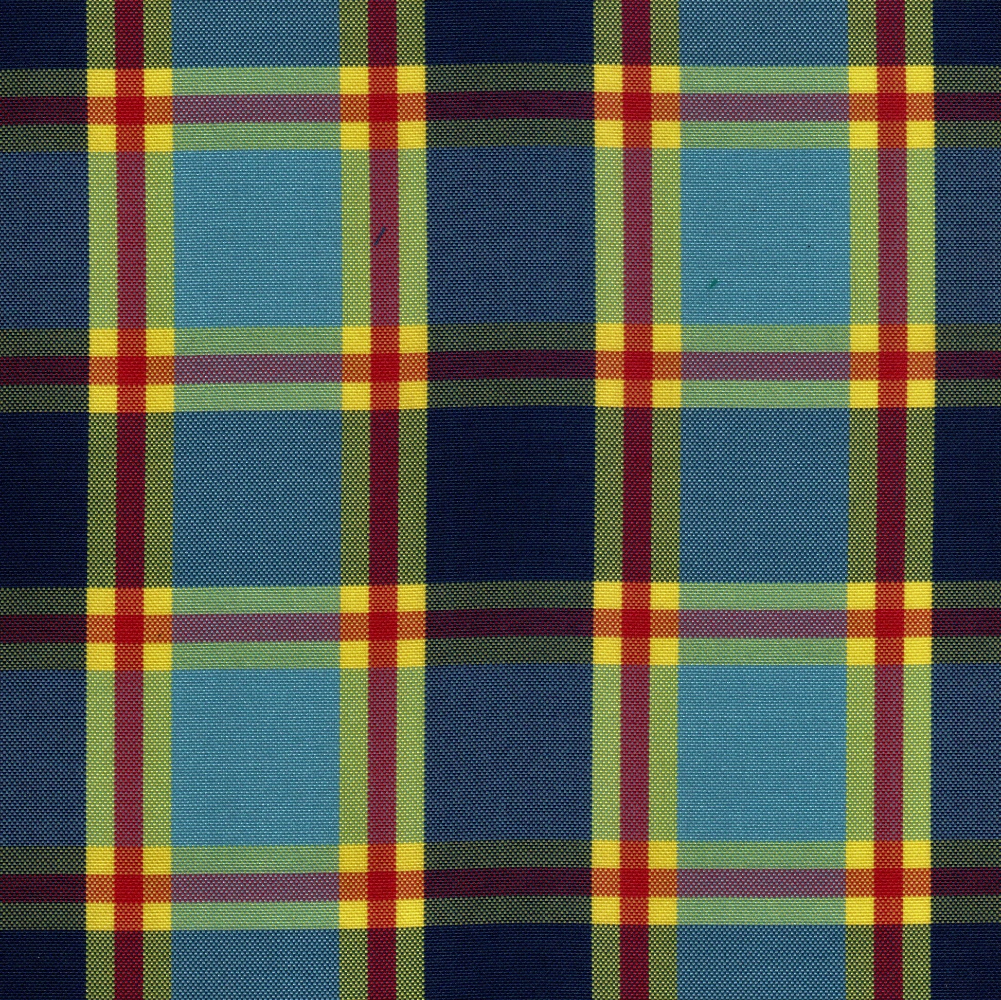 Tela escocesa de poliéster SchoolLine en diseño tartán azul, verde, amarillo y rojo, ideal para uniformes escolares e institucionales.