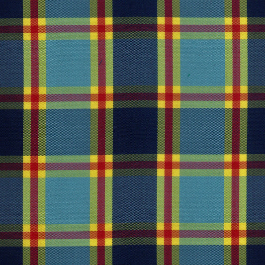 Tela escocesa de poliéster SchoolLine en diseño tartán azul, verde, amarillo y rojo, ideal para uniformes escolares e institucionales.