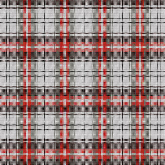Tela escocesa de poliéster SchoolLine, patrón tartán gris, negro y rojo; ideal para uniformes escolares e institucionales.