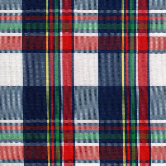 Tela escocesa de poliéster SchoolLine, tartán azul, rojo, verde y blanco, ideal para uniformes escolares.