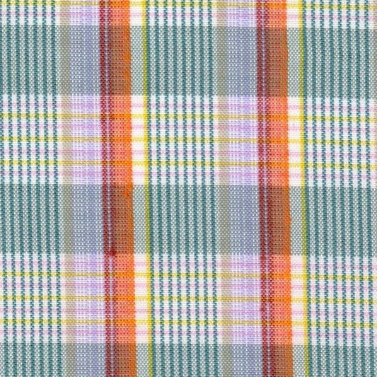 Tela escocesa de poliéster SchoolLine, diseño tartán multicolor verde, naranja y rosa; ideal para uniformes escolares e institucionales.